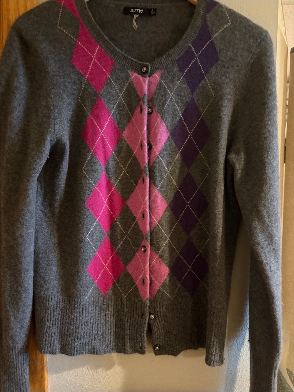 Apt. 9 Gray 100% Cashmere Cardigan with Pink & Purple Argyle